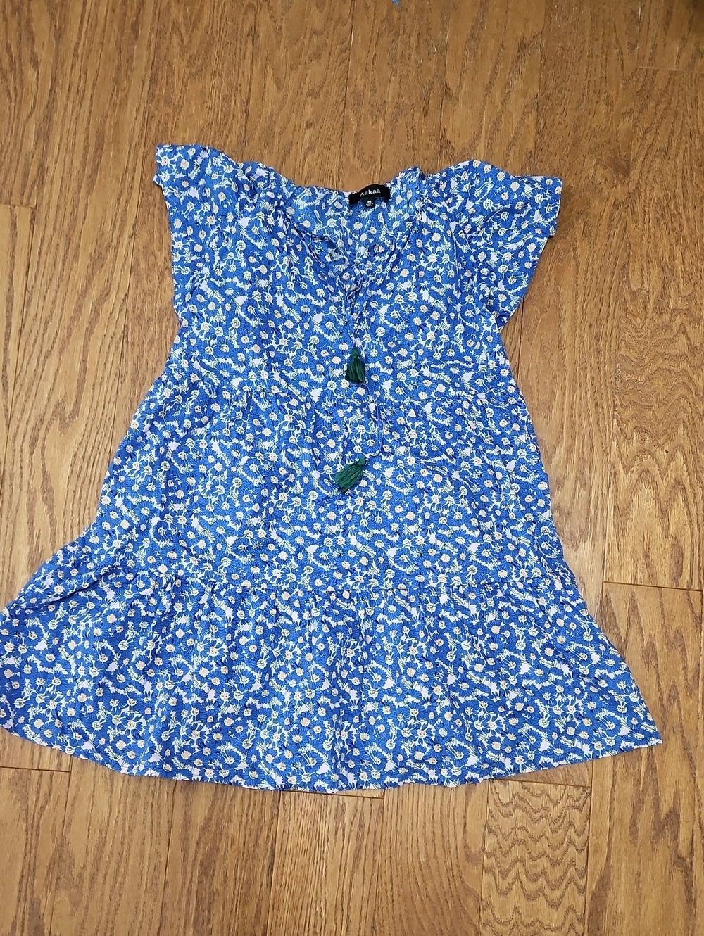 Aakaa Blue Ditsy Floral Tiered Mini Dress Boho Tassel Tie Front Size Medium